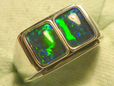 Mens Opal Ring SS (925) Natural Opal Triplet 2 x 8 x 6mm Rectangles. item 170046