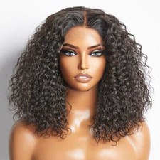 Black Bob Short Curly T Part Lace Front 100 Human Hair Wig Women Pre Plucked US