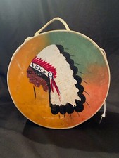 Vintage Childs Toy Faux Wood Hide Painted Native American Indian Chief Drum