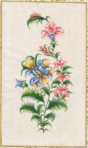 Floral Painting Hand Miniature Art On Paper Gold & Gouache Pigments 8x12 Inches - Picture 3 of 5