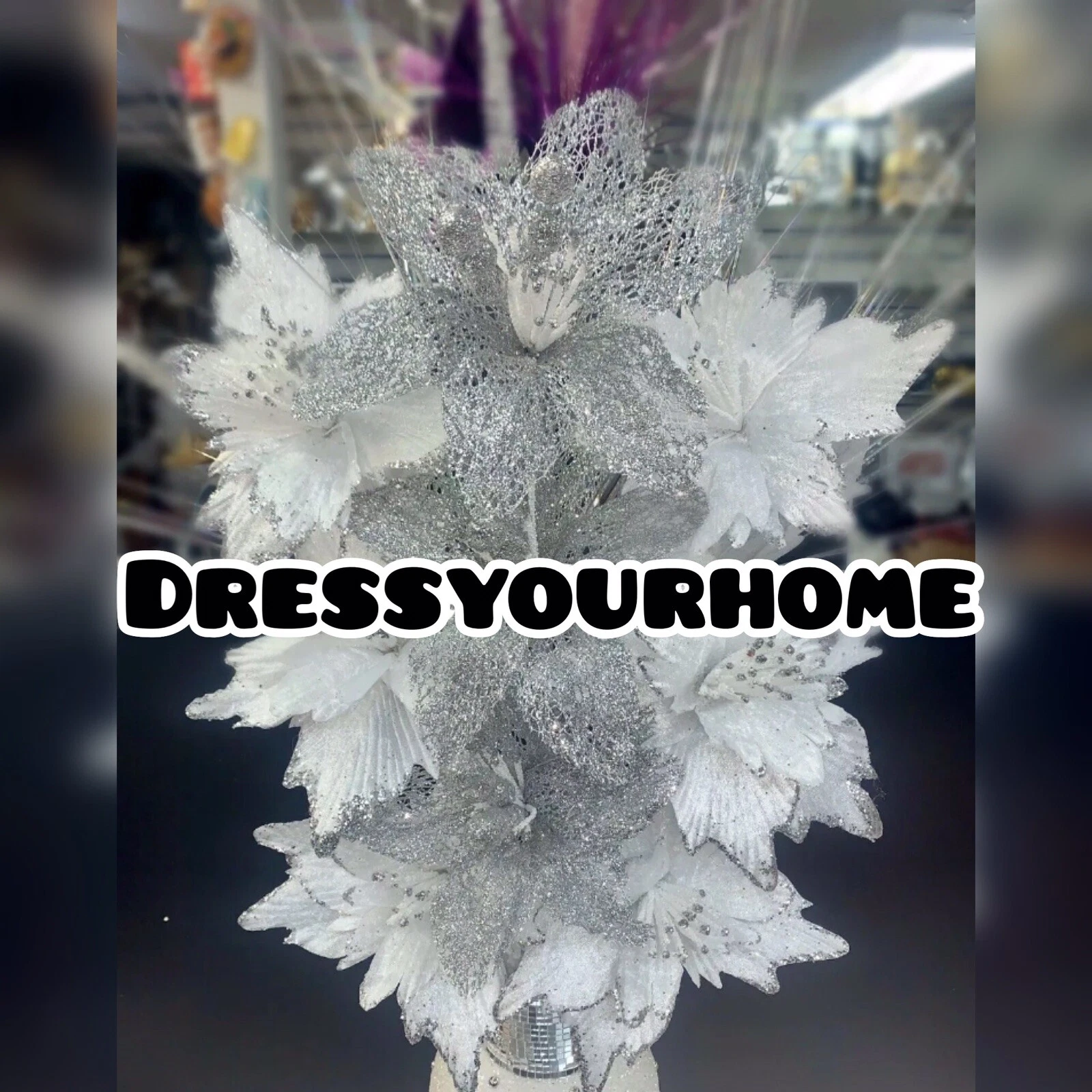 SILVER AND WHITE GLITTER FABRIC FLOWER ARRANGEMENT