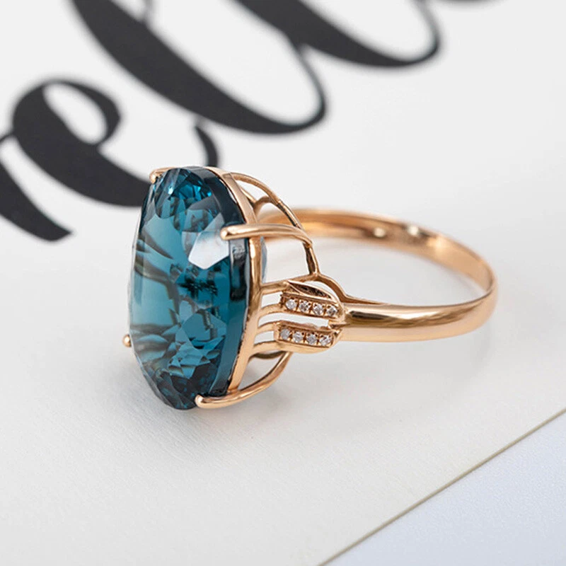 Новые классические большие овальные женские регулируемые кольца с голубым топазом из розового золота с лондонскими камнями - Изображение 2 из 4