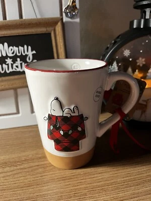 Rae Dunn Peanuts Snoopy Plaid Dog House ‘tis The Season Christmas Mug