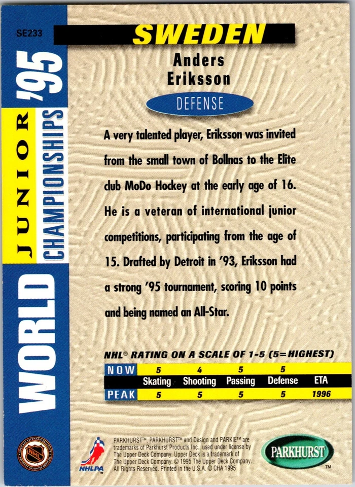 1994-95 Parkhurst SE Anders Eriksson Sweden #SE233 - Image 3 of 3