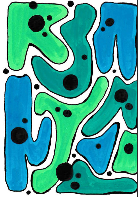 ACEO Original, Abstract Blue Green Shapes Dots, Mixed Media, 2.5" X 3.5"