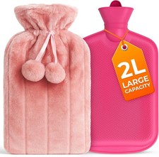 2L Hot Water Bottle with Pink Faux Fur Cover - Hot Water Bottle with Pom Poms
