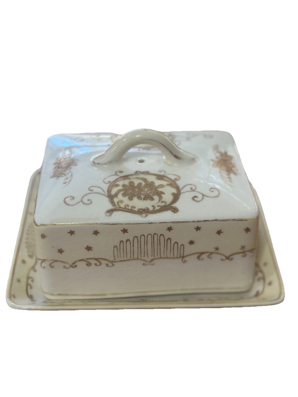 Vintage Japan Porcelain Butter Dish w Lid & Tray Gold Gilt Floral Mid Century