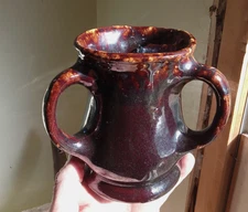 1860s RARE 3 HANDLE ROCKINGHAM POTTERY TYG DRINKING MUG  FROM NEW ENGLAND