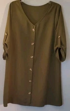 Boho Solid Shift Olive Texture Button Through Roll Up Sleeve Shirt Dress Medium
