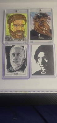 Topps Star Wars 1/1 Sketch Cards. 4 Cards.  Obi-won- Dooku - Kylo Ren- Chewie