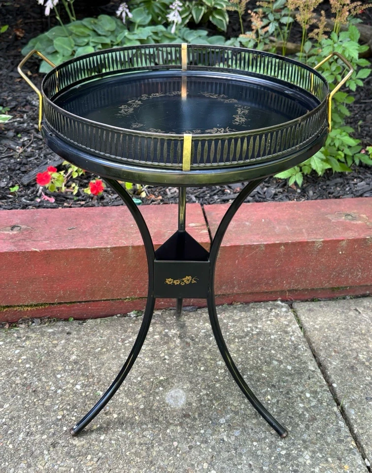 Bandeja de metal Tole dorada y negra vintage mesa hiedra vid bandeja extraíble y soporte Foto 2 de 4