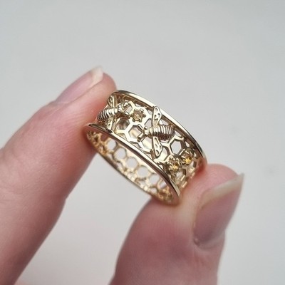 Hallmarked 9ct Yellow & Rose Welsh Gold Clogau Honey Bee Citrine Honeycomb Ring 