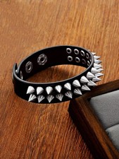 Two Rows Of Thin Black PU Leather Spiked Punk Bangle One Size