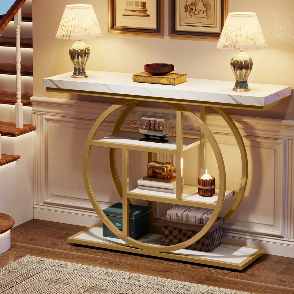 Промышленный консольный столик 41,3 дюйма, 4-уровневый диван-стол для прихожей с круглым основанием - Изображение 3 из 4