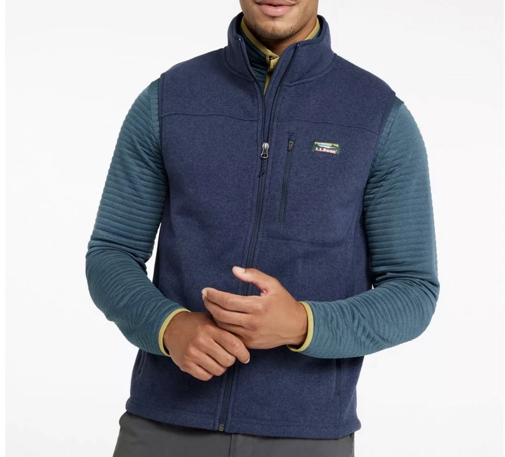 LL Bean Full Zip Fleece Vest Men Large Tall Navy Blue Pockets Hiking Outdoor EUC