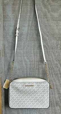Michael Kors Jet Set Large Logo Zip Crossbody Chain Strap Cream/Beige Gold