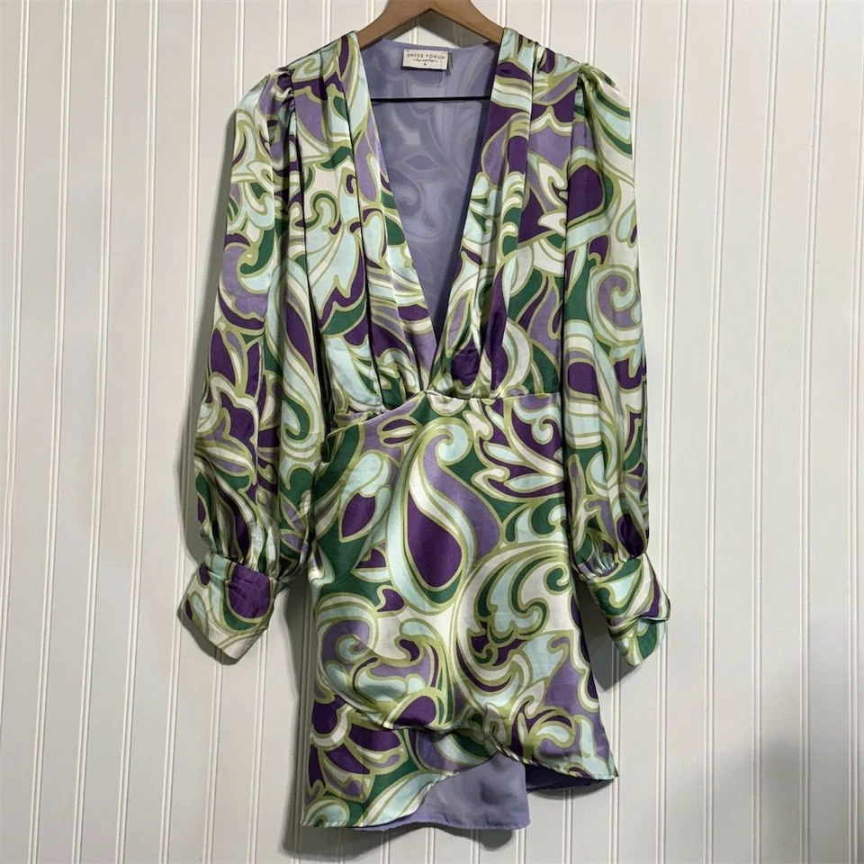 Vestido Forum Mini Vestido Satinado M Púrpura Verde Remolino Psicodélico Años 70 Manga Obispo Foto 2 de 4