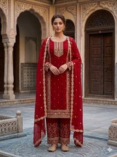 Wedding Wear Red Faux Georgette Kurta Palazzo With Dupatta For Women