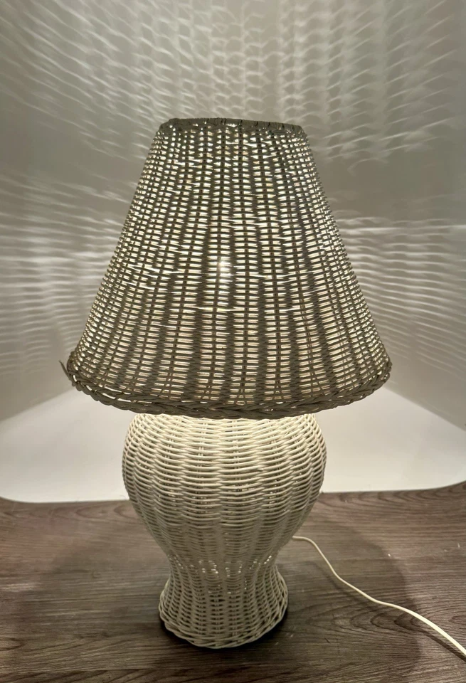 Винтажная имбирная банка белая плетеная ротанговая лампа с абажуром высотой 19,5 дюйма богемный потертый шик - Изображение 3 из 4