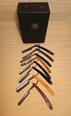 Antique Wood  BARBER BOX Holds 18 Has 8 RAZORS 