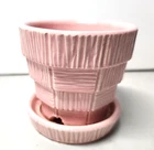 VINTAGE MCCOY POTTERY BASKET WEAVE PLANTER WITH ATTACHED SAUCER PINK 3"