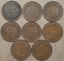 Australia 8 Different Pennies 1912-1935 Nice Group