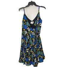 Lost + Wander Pisces Floral Mini Wrap Dress Size S Blue Spaghetti V-neck Pleated