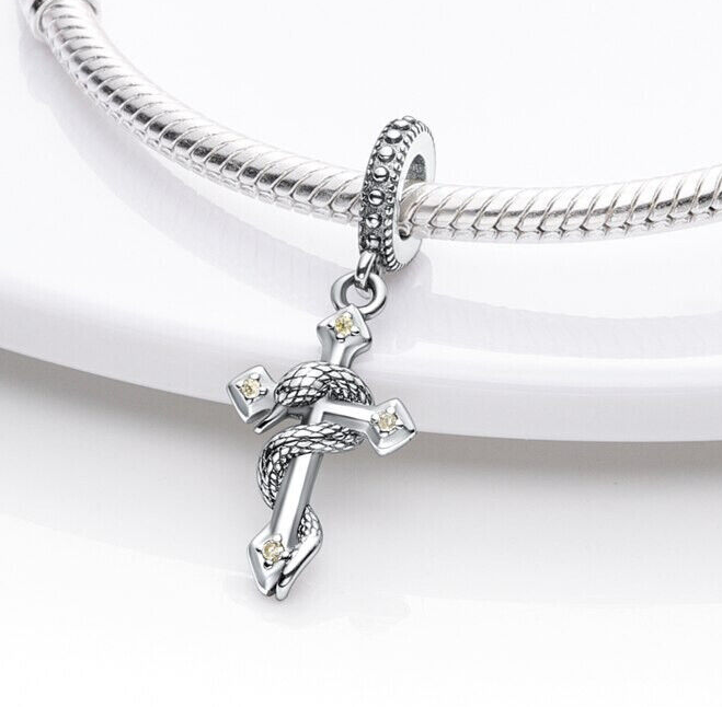 Snake Cross Crucifix Medic Charm Genuine Sterling Silver 925 Mum Sister Bead