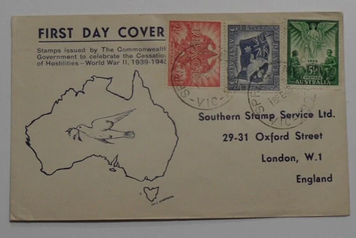 STAMPMART : AUSTRALIA 1946 WW II PEACE ISSUE FDC USED TO LONDON ENGLAND