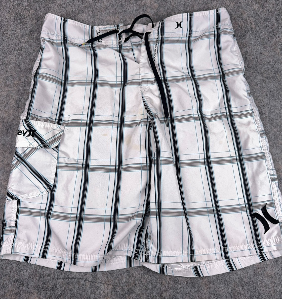 Hurley Board Shorts Mens Size 36 White Check Pocket Beach (See Disc)