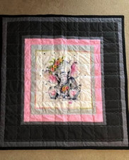 New Handmade Baby Crib Toddler Elephant  Flowers Quilt Black  Pink 43 x 41 in.