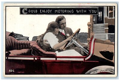 c1910's Couple Romance Car Driving Lesson Coud Enjoy Motoring With You Postcard