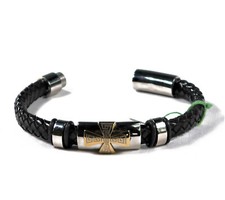 JJB031 Men's Stainless Steel Braided Religious Cross Leather Bracelet, 8.5  