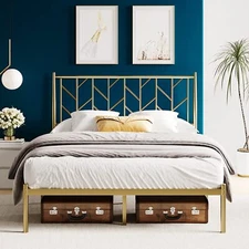 Full Size Metal Platform Bed Frame with Headboard, Under Bed Storage,  Gold
