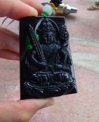 Certified Black Green Natural A Jade jadeite pendant Guanyin Kwan Yin 墨翠 557997