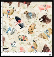 Michael Miller Fabrics~Prize Animals~Cream~Town Fair~BTY, DC11340 cow sheep pig