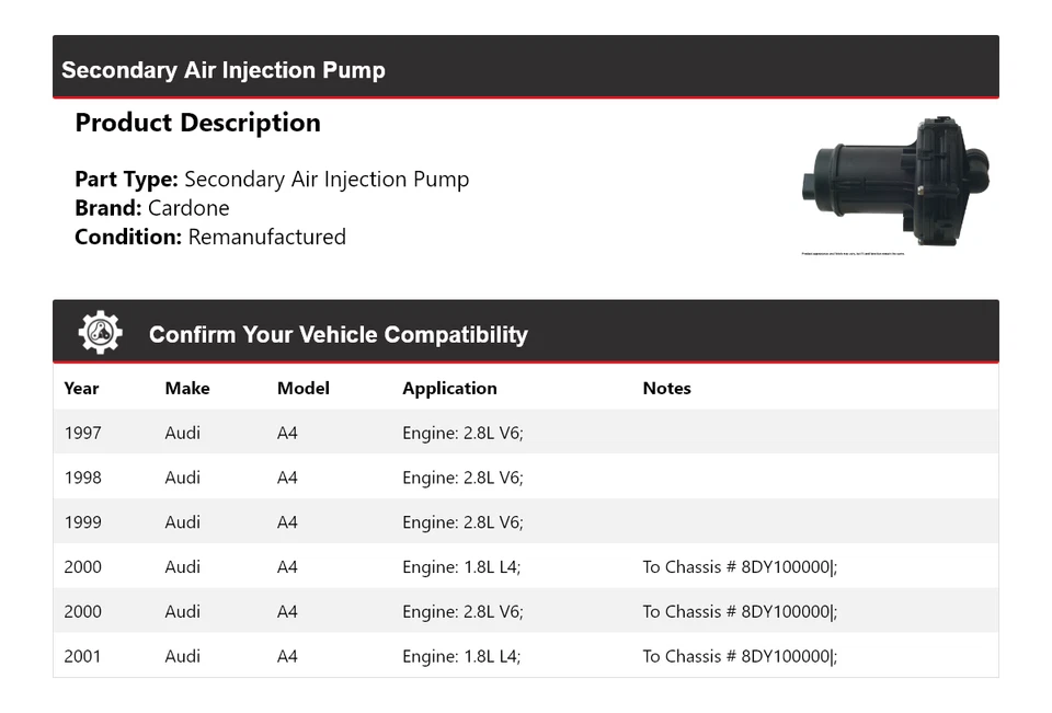 Bomba de inyección de aire secundaria Cardone 1998 1999 2000 para Audi A4 1997-2001 Foto 2 de 4