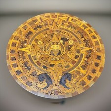 Vintage Wooden Aztec Mayan Mexico Calendar Hand Carved Inlay Wood Art Mexican