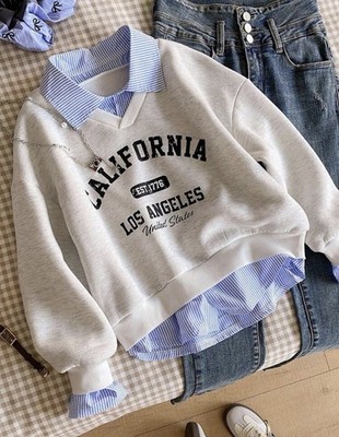 Kids Girls Size 9/ Small California Preppy Stripe Collared Sweatshirt Layered 
