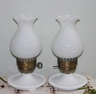 2 VINTAGE SMALL HOBNAIL MILK GLASS BEDSIDE STAND TABLE LAMPS PAIR RUFFLED SHADE