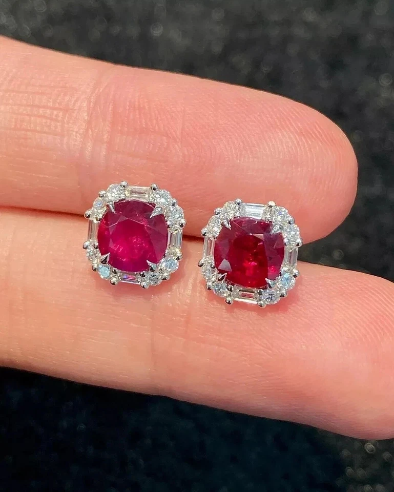 2.51 Ct Cushion Cut Natural Ruby Diamond Lovely Earring Stud 14K Real White Gold - Image 3 of 4