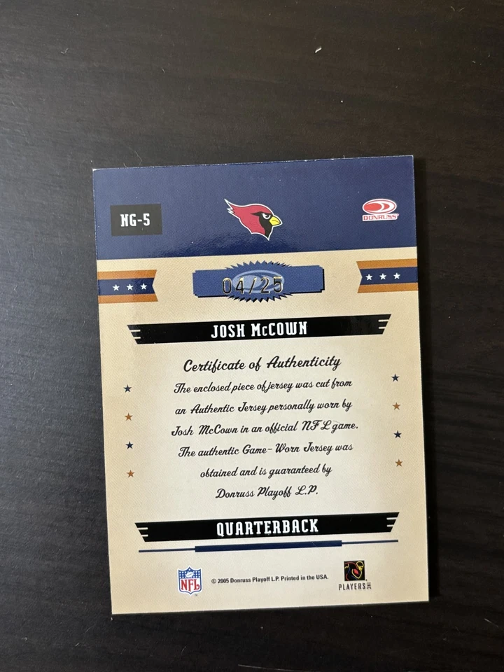 Josh McCown 2005 Donruss Gridiron Gear Next Generation Dirty Patch /25 GU Jersey - Image 2 of 2