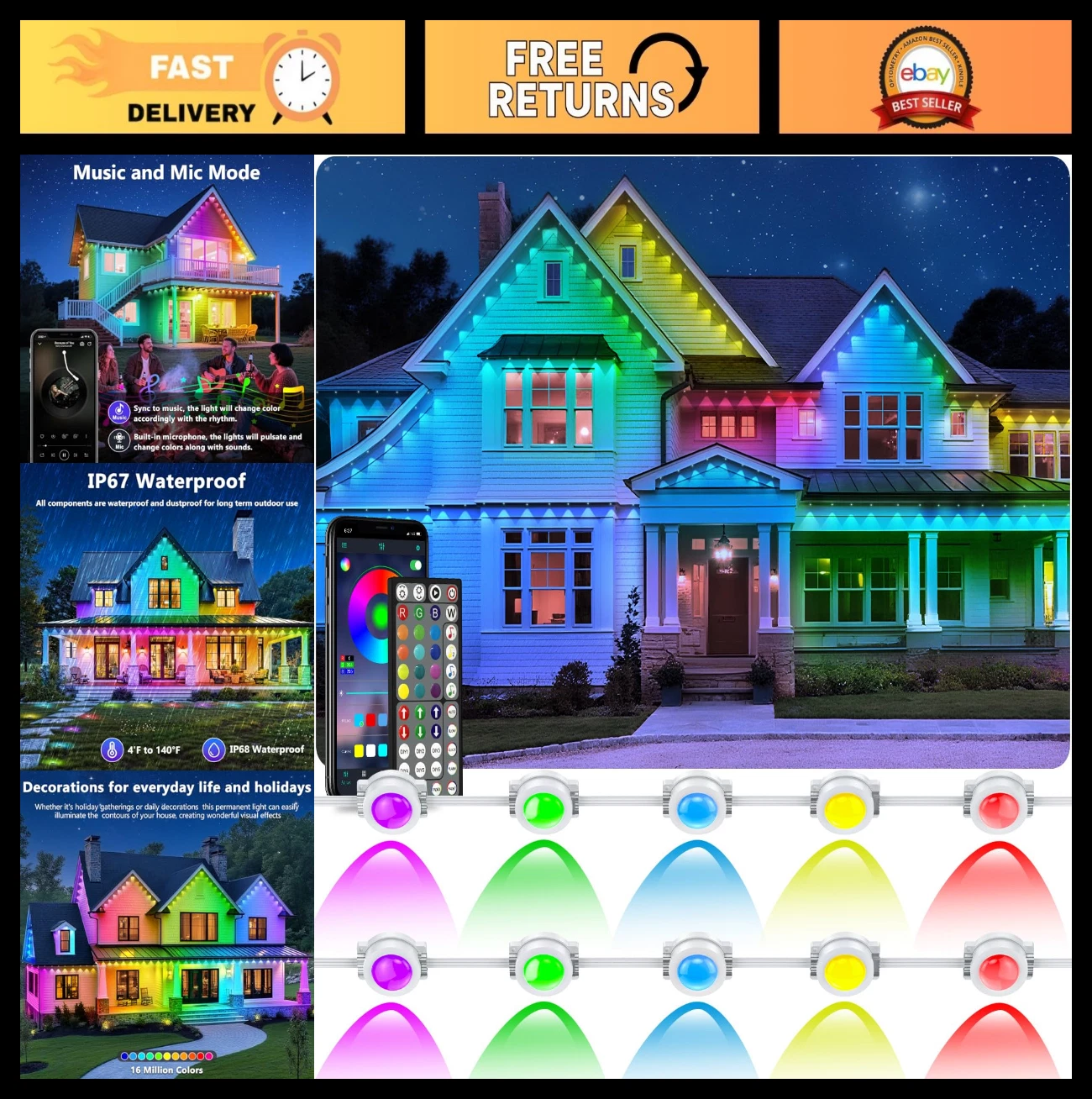 200FT RGB Outdoor Eaves Lights with App Control, Waterproof Garden Decor Lightin
