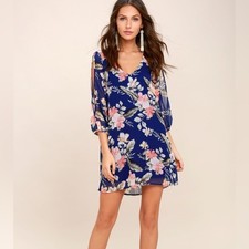Lulu's Shifting Dears Royal Blue Floral Print Long Sleeve Dress Size S Boho