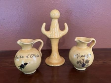 Cruet Set With Stand Tree French Olive Oil & Vinegar Pitchers Pottery Unmarked