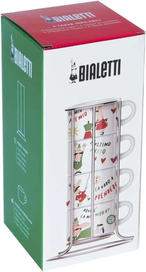 BIALETTI Cappuccino Kaffee Tassen 4'er Set mit Ständer Porzellan Italia TAZZ203
