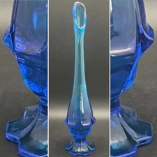 Fenton Art Glass Colonial Blue Valencia Swung Bud Vase c1970s USA 12.75" tall