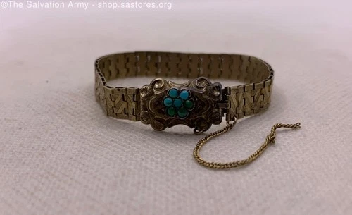 Vintage 14k Yellow Gold Turquoise Floral Ornate Front Hinge Bracelet - 7.0g