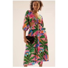 Farm Rio Dress Sz L Anthropologie Tropical Fresh Toucan Cut-Out Pink Vacation