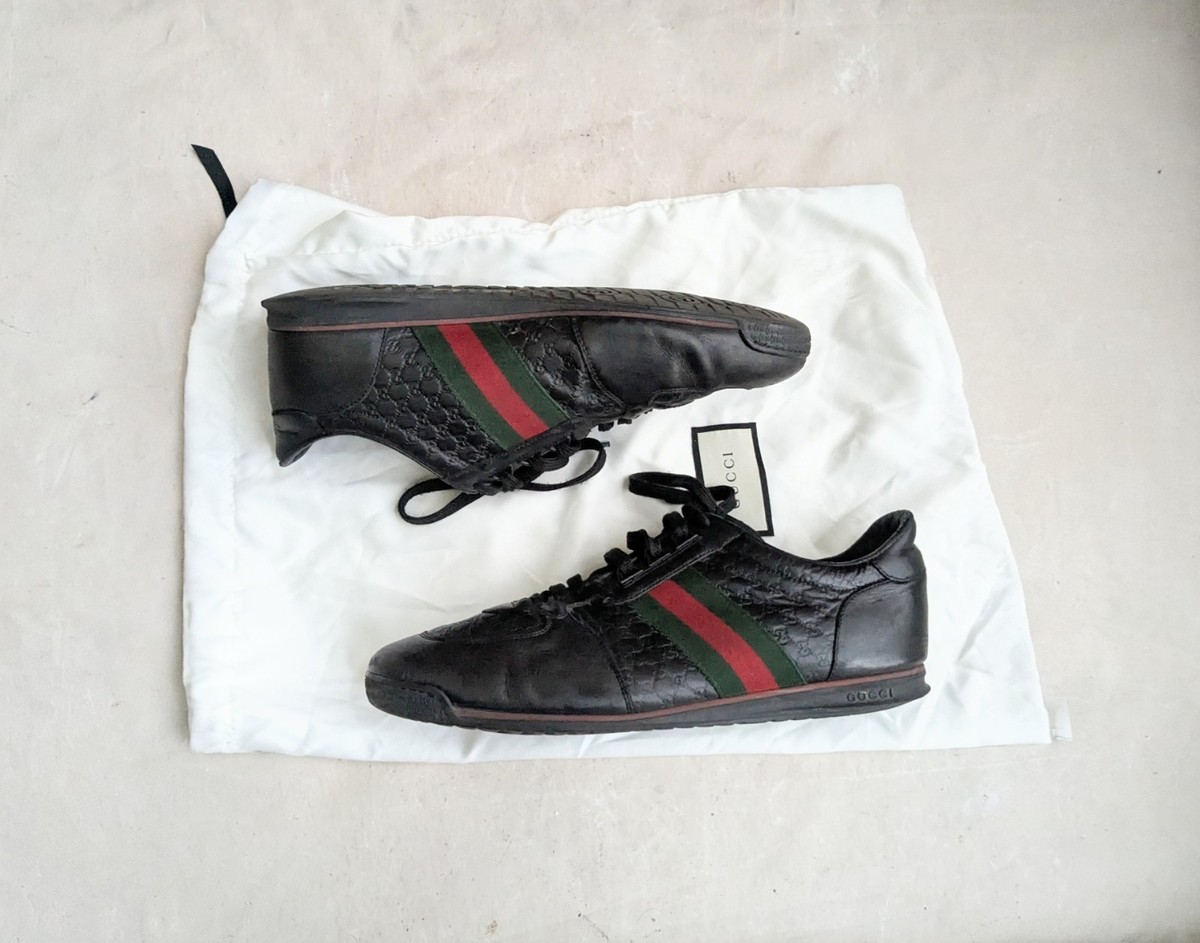 Gucci Monogram Sneakers Men US 11 Black Red Leather GG Logo Low
